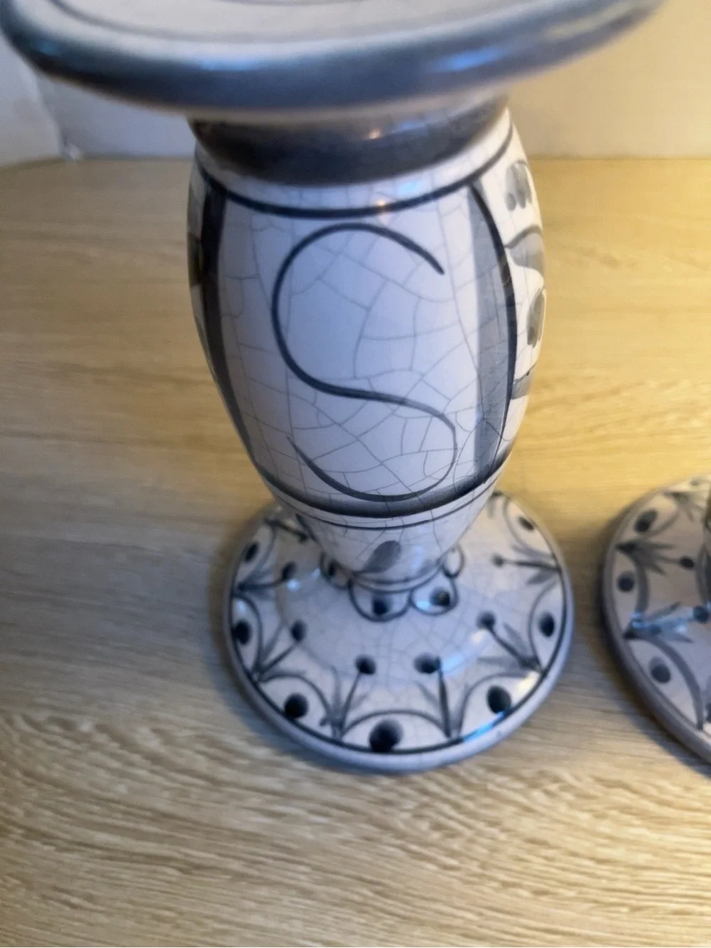 Blue White Crackle Glaze Ceramic Candlestick Holders Set 2 Folk Art 6.5” 4.5”